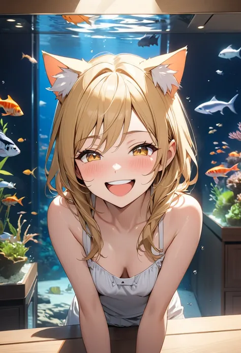  1 girl, 
masterpiece,  high definition , accurate,  top quality,  very detailed,  textured skin,  shortcut, Blonde,  small tits, slender ,With an aquarium in the background,Cat ears, Golden Eyes,Lori,Laughing/ good laugh, Character portrait,  anime style,...