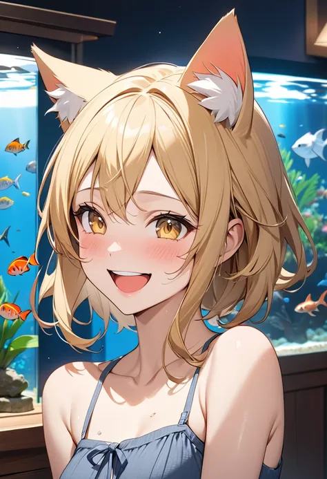  1 girl, 
masterpiece,  high definition , accurate,  top quality,  very detailed,  textured skin,  shortcut, Blonde,  small tits, slender ,With an aquarium in the background,Cat ears, Golden Eyes,Lori,Laughing/ good laugh, Character portrait,  anime style,...