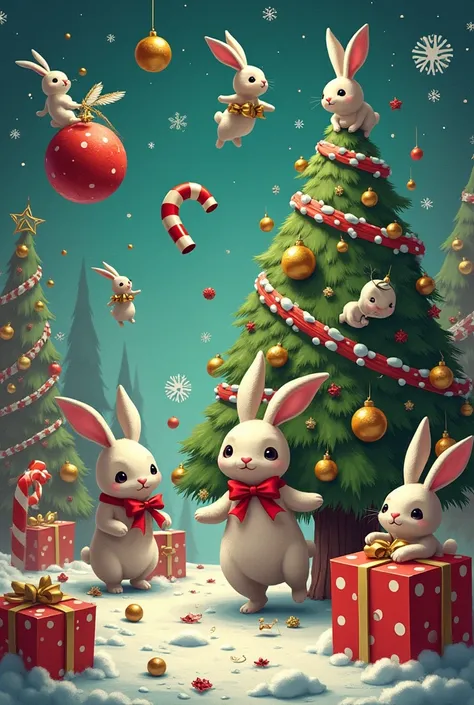 Create a random ,  meaningless and crazy Christmas image , an image that does not contain penguins.  An image that makes you wonder what the hell is this? Add rabbits to image  