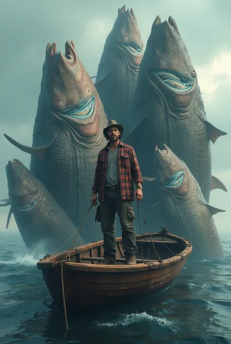 Fisherman with different giant fish posing for photo inside the boat 