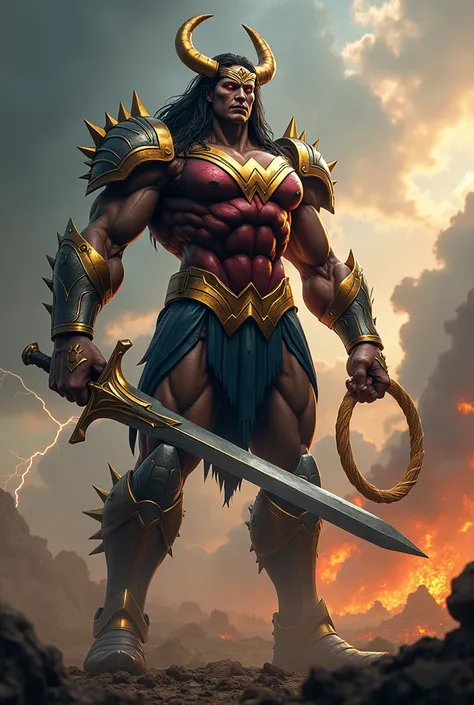 "A photorealistic image of a giant, menacing hybrid creature that blends the powerful traits of Wonder Woman and Ares. The figure has a towering, muscular build, with Wonder Womans iconic golden armor fused with Ares dark, war-torn, menacing style. The che...