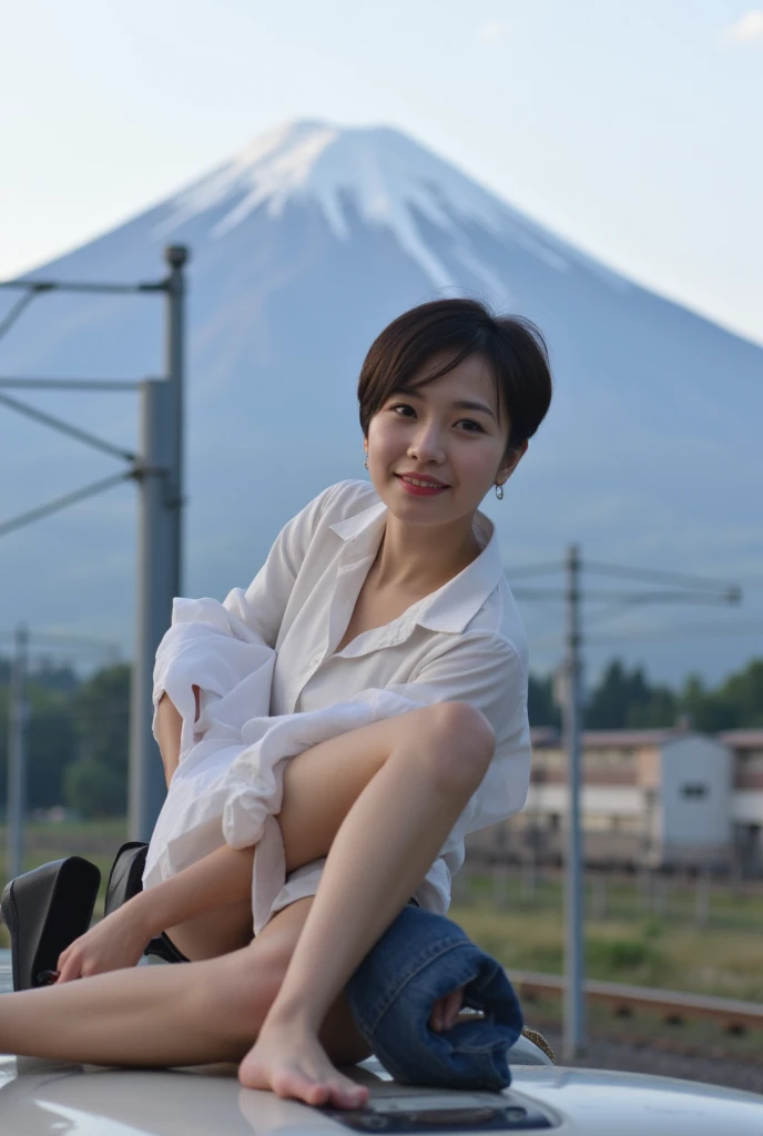 The image shows a Shinkansen train and one woman sitting on roof of train. She is 30-year-old Asian girl, Oval face, circle eyes, and big nose, hair is swept to one side. Show her forehead apart. Hair is so short that the ears and earlobes are clearly visi...