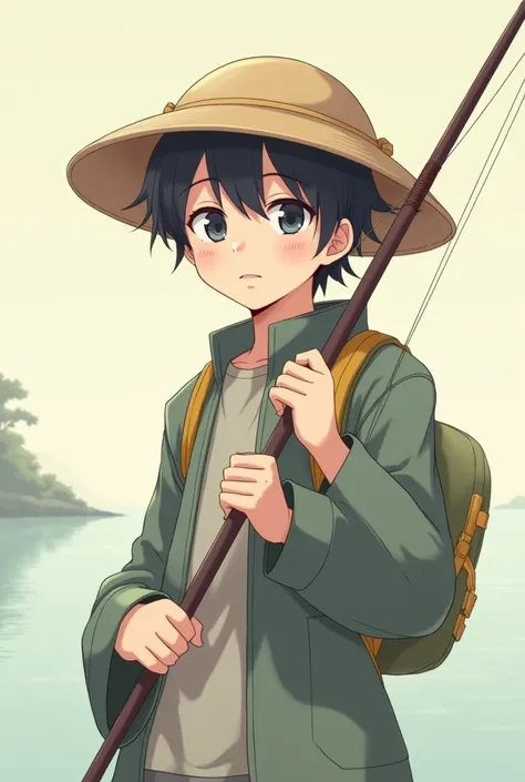 A q edition anime  front， with a fishermans hat ，Holding a fishing rod ，A calm expression 