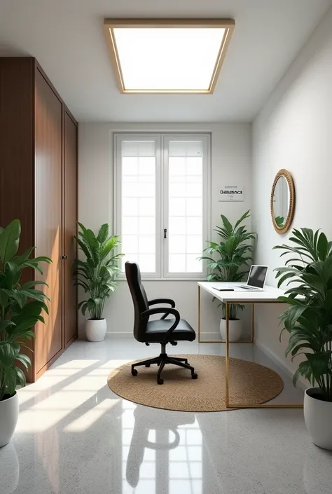  White-walled office ,  closed glass window , wooden closet ,  white desk ,  black chairs with white , granite floor  ,  with square LED lamp in the center of the ceiling, with plants, rug,  mirror on the wall ,  circular clock on the wall ,  Daluminca log...