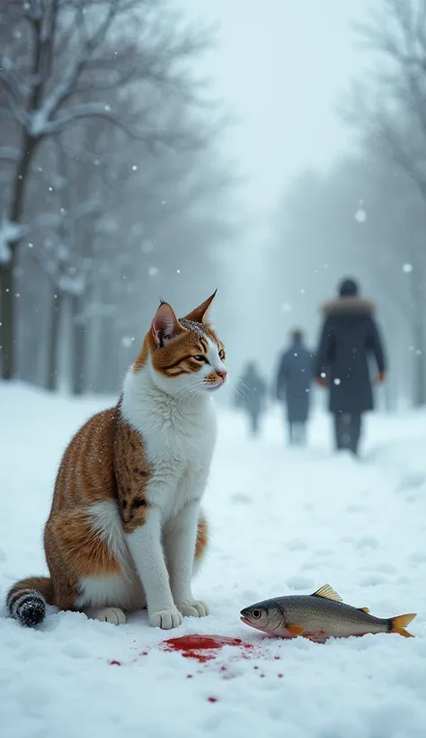  A snowy morning， in the snow ， A cat with white and brown fur staring at the snow with its eyes closed,   A few drops of blood on the snow  .  A small fish lying next to the cat  . 暴雪天气下.  People walk past them , They go ahead to make way .  This scene de...