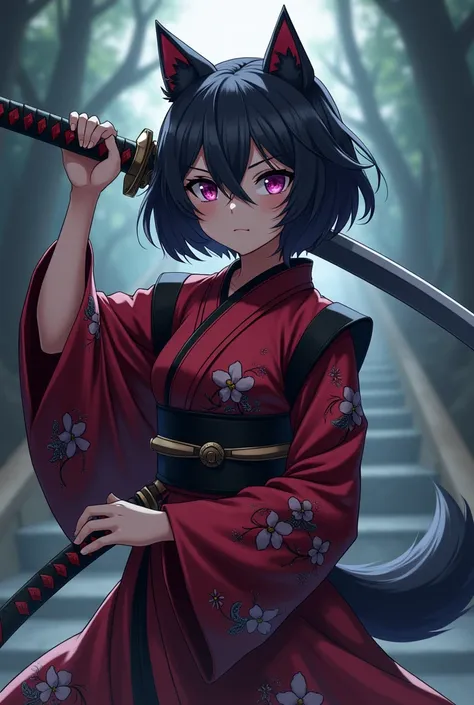 An anime girl with black hair, a red and black kimono, she has a cursed katana, her eyes are purple and she wears a Japanese-style wolf head mask made from the wolfs head bone. ,full body image 