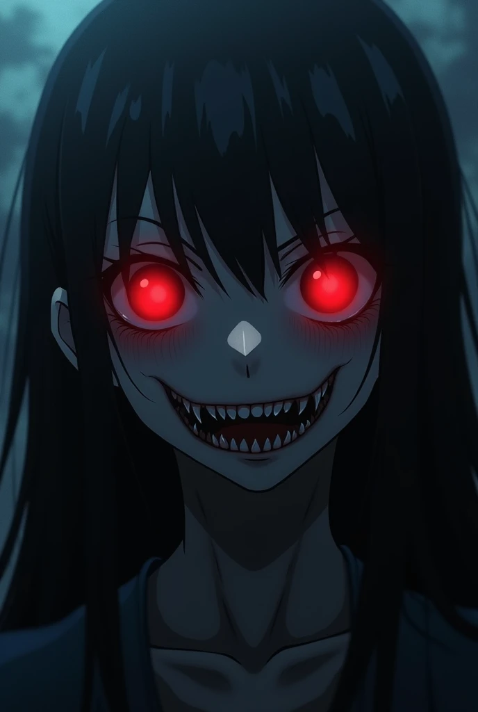  Create an anime character with empty red eyes and pointy teeth 