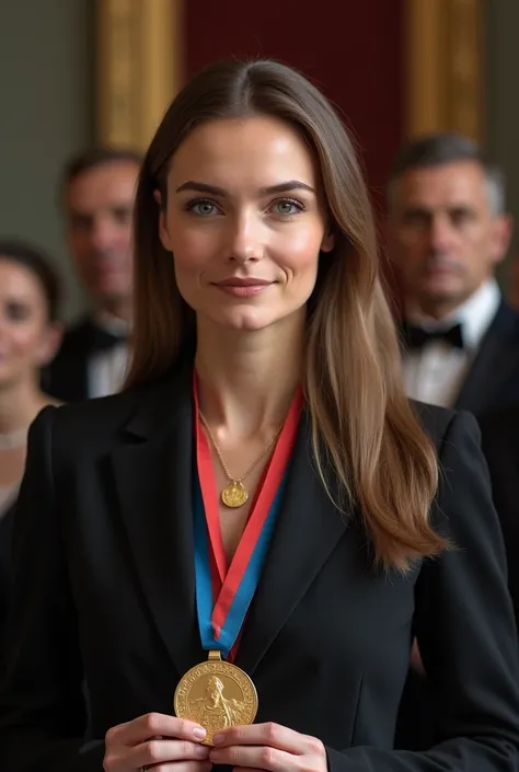  profile photo a woman with smooth light brown hair, subtly blue eyes winning the Nobel Prize 