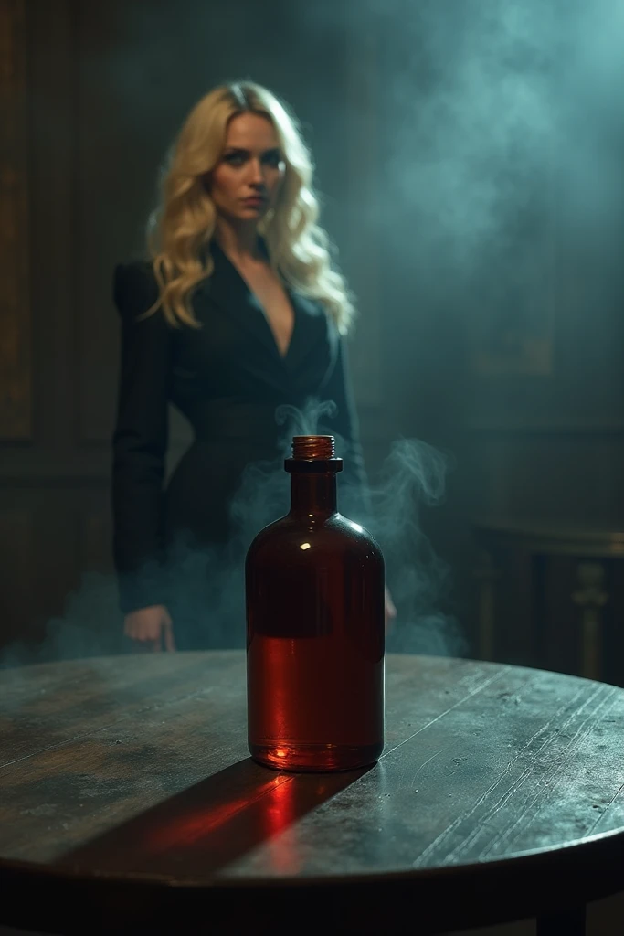 Blonde woman in the background and a poison bottle in focus on a table with smoke in the environment