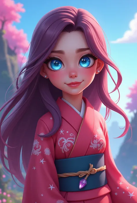  A girl from Brawl Stars who maintains the drawing style of the game, long dark pink hair, Sky blue eyes with stars and wearing a kimono 