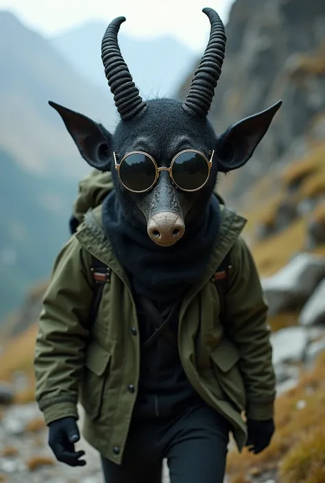 Black wool mask type mountain pass this mask has no resemblance to any animal with long and thin sausage-like nostrils with two long elf-like ears where the ears should be with earrings round glasses in the boot and there is a pant briefs the mask has smal...