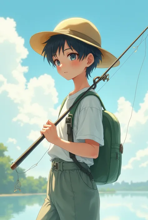 The front of an anime  with a height of about 80 cm in q， with a fishermans hat ，Holding a fishing rod ，A calm expression 