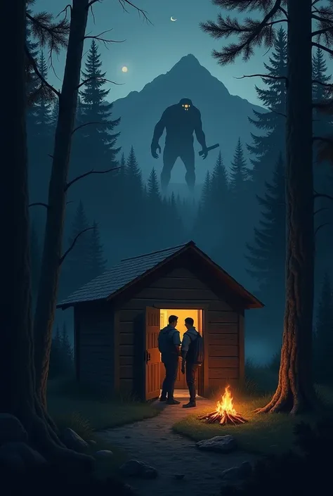 A suspenseful and eerie scene set in the Appalachian mountains at night. A dimly lit wooden shelter with a small campfire burning outside. The silhouettes of three men are visible inside the shelter, one of them is standing by the door with a machete, look...