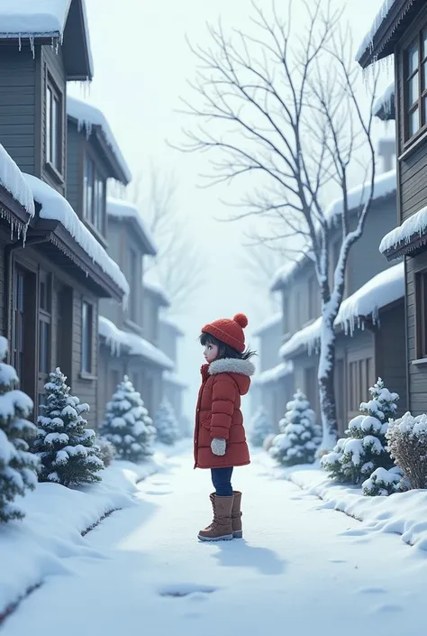 winter.  The girl is standing on a snowy street .  realistic