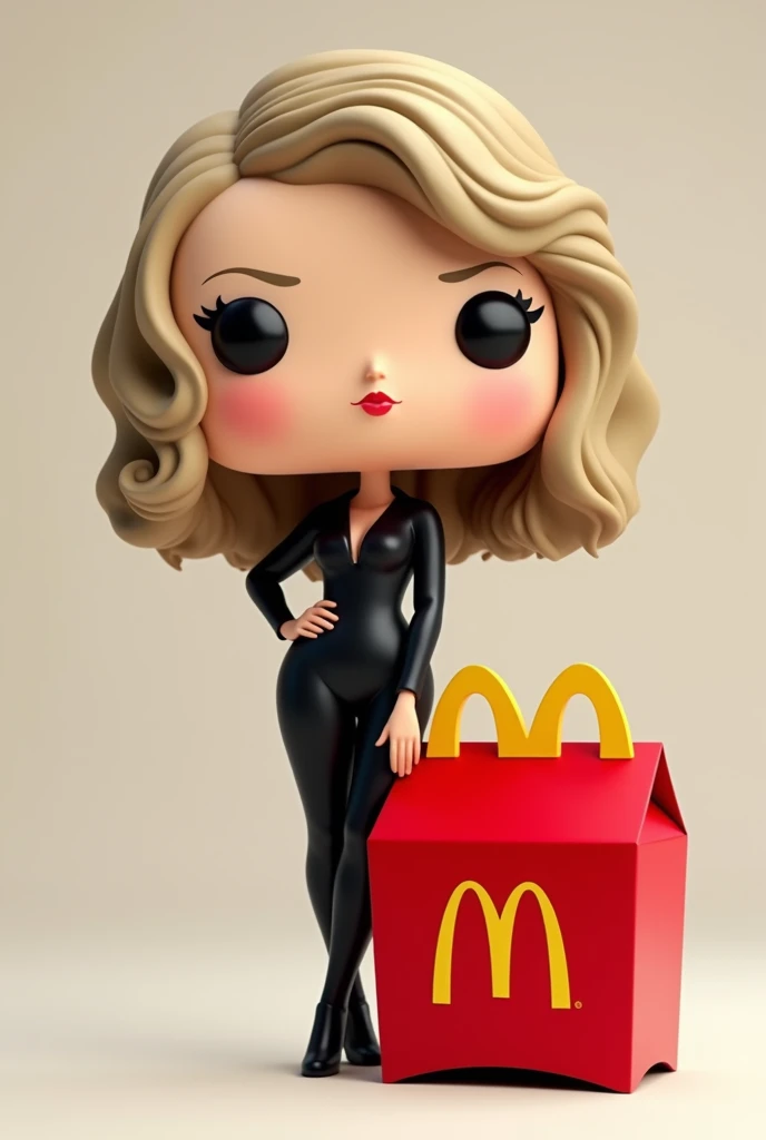  Create an image inspired by Taylor Swift (with short elegant clothes in black)  to create a Funko toy for the McDonalds happy box ( that appears next to or in front of the McDonalds happy box )