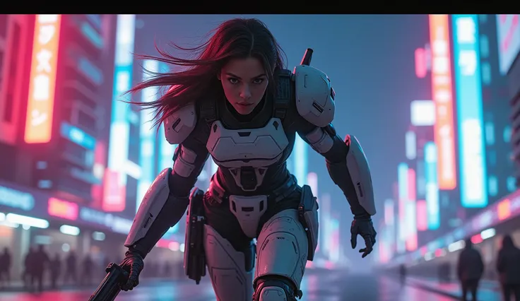 masterpiece, best quality, 1girl, ives girl, mecha, combat boots, beautiful lights, neon lights, night,