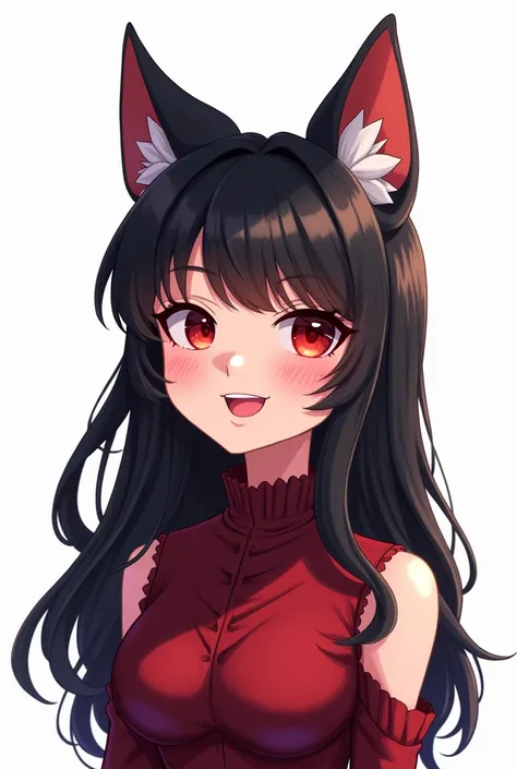 Cartoon cartoon female character long black hair smiling without teeth and with reddish fringe reddish black eyes wolf ears dark red dress half body white background