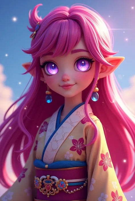  A girl from Brawl Stars who maintains the drawing style of the game, long dark pink hair,  heavenly eyes with stars and that he wears a kimono that is not realistic, That he is animated character type 