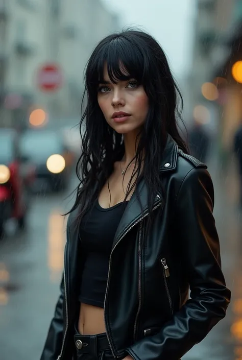 Give me a young woman with long jet-black hair with bangs and gray eyes a beautiful and sexual makeup,  with a black top and black leather jacket with leather pants that is on a street and that its raining and shes wet that behind you can see racing bikes 