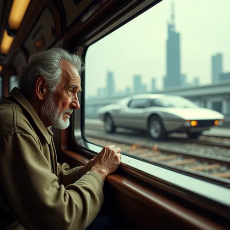 one old man close into train from 1980 turn to car from future background