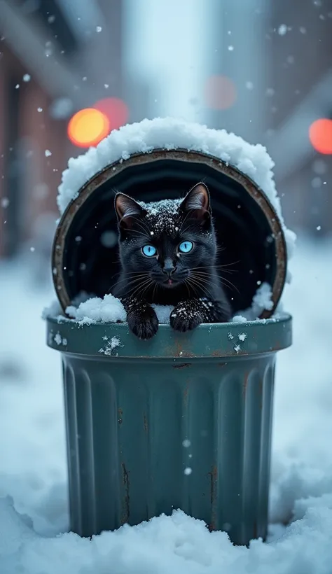 A snowy morning， in the snow ，Little black cat with blue eyes hiding in a trash can in the middle of the street at dusk，  Realistic photography in blizzard weather .