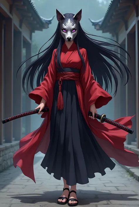  A Naruto-style anime girl , with black hair up to her waist ,a red and black kimono ,  full body, She has a cursed katana ,  wears ninja shoes on her feet , Your eyes are purple,  and she wears a mask from the wolfs head carcass ,  that only appears her e...