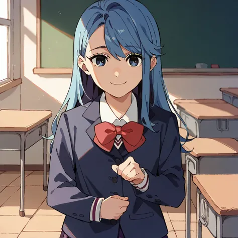 Create a new character score_9, score_8_up, score_7_up, source_anime, BLUE hair, LONG hair,full bangs, red bowtie, blue blazer, long sleeves, BLUE eyes, looking at viewer, cowboy shot, smile, purple skirt, pleated skirt, classroom, cute, standing straight 