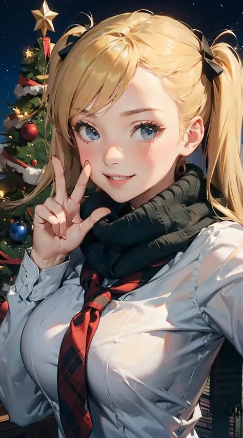 Large Christmas tree outdoors, high school girl taking a selfie in front of the Christmas tree, solo, school uniform, blonde, twin tails, upper body, peace sign with eyes, Burberry scarf, grinning, blushing, night,