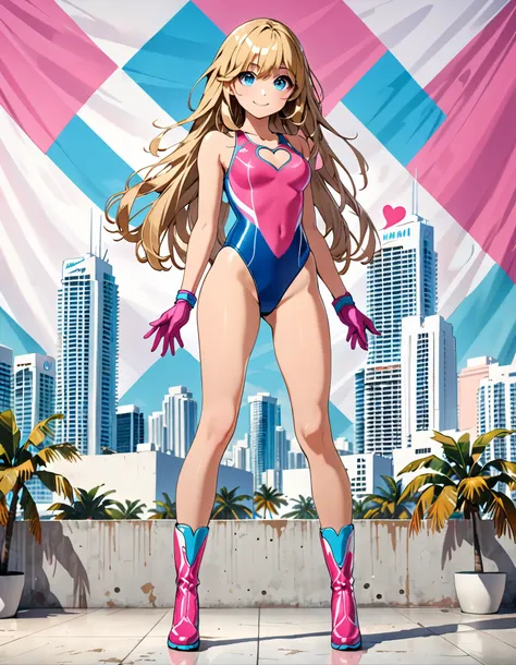 (masterpiece), (best quality), (high res), 4k, 8k, 1girl, solo, solo focus, (leotard, competition swimsuit, pink leotard with blue accents:1.3, sleeveless, bare legs), matching boots, looking at the viewer, Miami city sheet backdrop, (perfect hands:1.2), p...