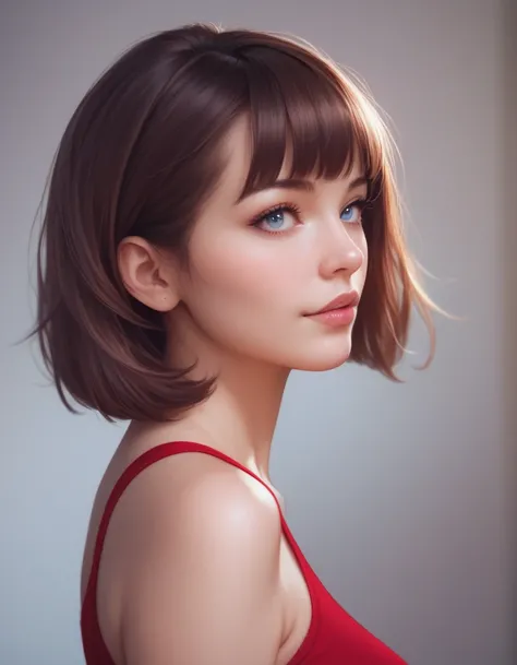 a beautiful girl with blue red top to bottom color fade, cartoon art illustration style, side view of a brunette female face with short bangs and bob haircut, detailed face, blue and pink color tones, masterpiece, photorealistic, 8k, ultra-detailed