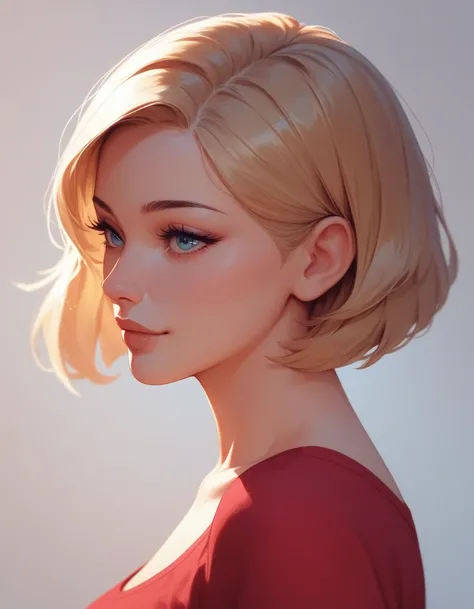 blue red top to bottom color fade, cartoon art illustration, beautiful female face side view, blonde, brunette, blue, pink, short bangs, bob haircut, 