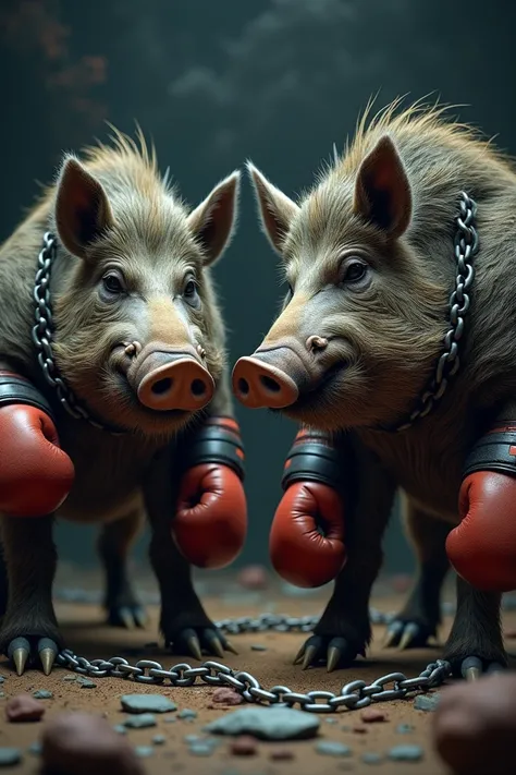 Boars with boxing gloves and thick chains around the neck 