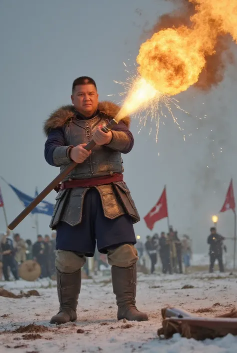 A handsome, focused 45-year-old Viking male warrior is throwing a burning meteorite from his hand towards the audience. The glowing sphere brings the mans body closer to the audience, leaving a trail of smoke and sparks. An intense battlefield in snowy wea...