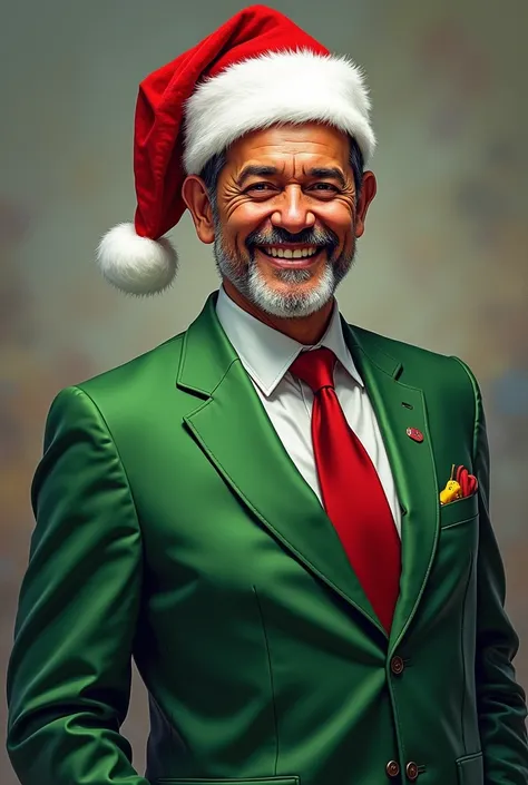 Create an image of President Lula looking 40 years old,  wearing a suit and tie in Brazilian colors and with a red Santa Claus hat on his head 