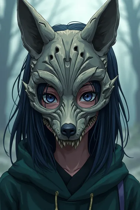  A girl with a wolf mask ,  the mask is made of bones and shows part of her mouth and chin, Naruto style anime  