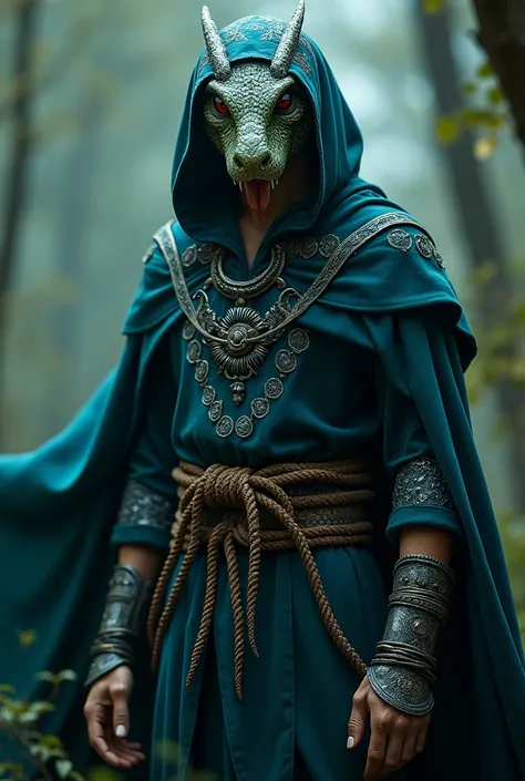 man with a serpents face. A dark blue tunic with silver embroidery. A flowing cape in shades of blue and green. A nautical cord belt and aged metal bracelets.