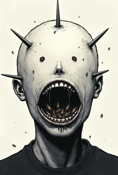  a manga style drawing ,  which is the face of a person , but without eyes ,  instead it has 3 nails on each side,  in addition to the fact that their mouth is half open and that cockroaches come out of it