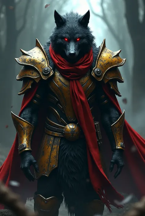 a silhouette of a werewolf in armor wearing a tattered red scarf, red glowing eyes, damaged gold and white metal armor, armor is stylized from final fantasy 16 multilayered details like Eikon. 3D, Hyper real