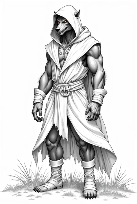 A realistic drawing outline ,  in black with thick lines and white background without shading, Of a werewolf, Tall and magical ,  wearing modern white magicians outfit, White magician cover , white boot , With vegetation in the background 