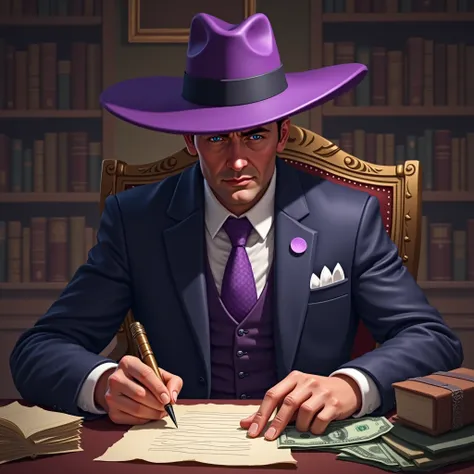 The  holds a deed of land holding money, wearing a grab hat, writing purple KC.