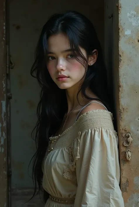 A girl in her 20s with black eyes and black hair wearing old and old clothes 