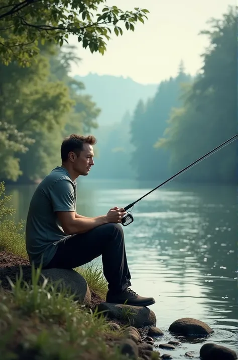 Elon Musk is sitting by the river and fishing.