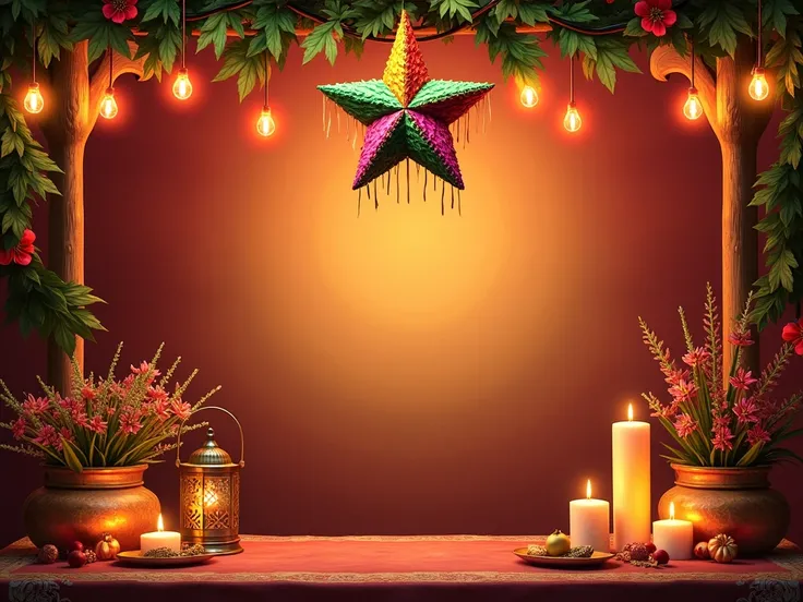  A festive banner inspired by Mexican inns Includes .  essential traditional elements such as a large seven-pointed star piñata decorated with vibrant colors (red, green, yellow,  blue and pink )  At the top ,  accompanied by Christmas lights and garlands ...