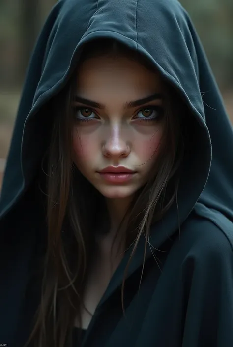  the seductive look of a young brunette with brown eyes peeks through a cloak that covers the rest of her face, She wears a rich makeup that highlights the color of her eyes 