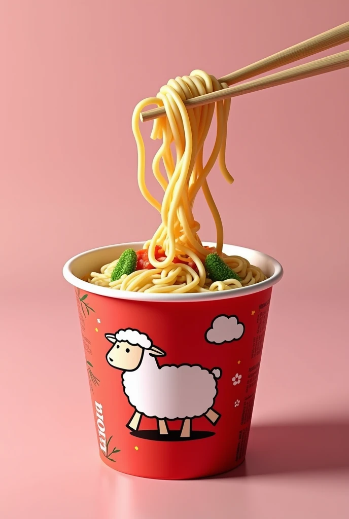 Packaging design (not in mockup but in print version) for Lamb Cup Noodle. The packaging should have a sheep cartoon and real noodle picture featured. The colors is red pink (like the Hao Hao noodle), and a bit of green. The message conveyed from the packa...