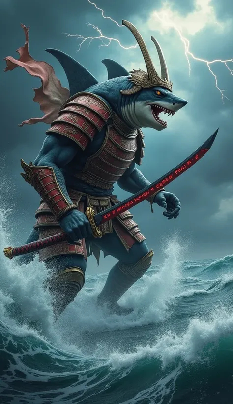 A fearsome hybrid creature emerges from the stormy waves of an ocean battlefield under dark, thunderous clouds. The creature has the body of a powerful great white shark, its fins armored with polished steel plates that glimmer with intricate engravings. I...