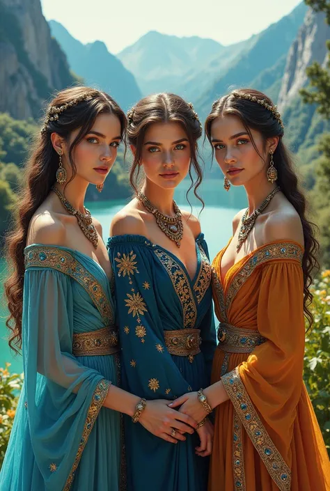 3 beautiful women with elegant clothes jewelry blue eyes from Uzbekistan 6th century beautiful landscape the best quality 

