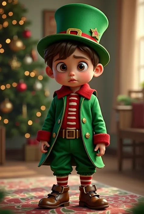 Worried boy dressed as a Christmas leprechaun