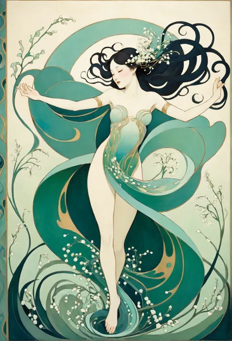  Hallucinatory, Tsuruta Ichiro Style Beauty Painting , Hypnotic Patterns , Abstract, Euphoric,  Fluid Shapes , Art Nouveau Painting ,  jewelry, winter, lily of the valley, passion,  flat illustration .  negative space in the shape of a dancing womans body....