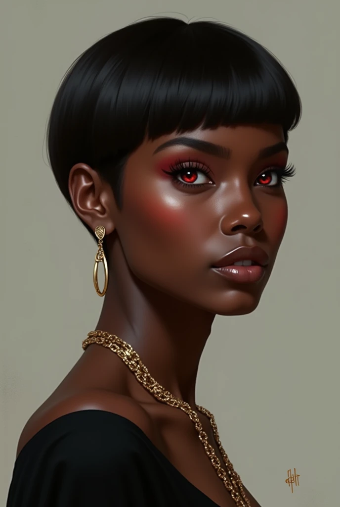  Create a totally realistic looking woman like a normal human being,   I want her to have short hair up to her shoulder peaked and smooth , Be black and have red eyes. I want her to be wearing various gold accessories 